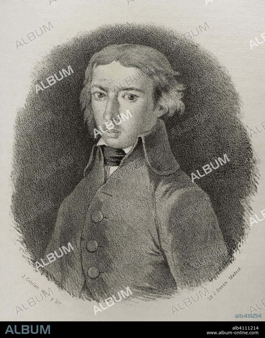 Leandro Fernández de Moratín (Madrid, 1760-París, 1828). Dramaturgo y poeta español. Dibujo por J. Cebrián. Litografía. Crónica General de España, Historia Ilustrada y Descriptiva de sus Provincias. Castilla-La Nueva, 1869. Biblioteca Histórico Militar de Barcelona, Cataluña, España.