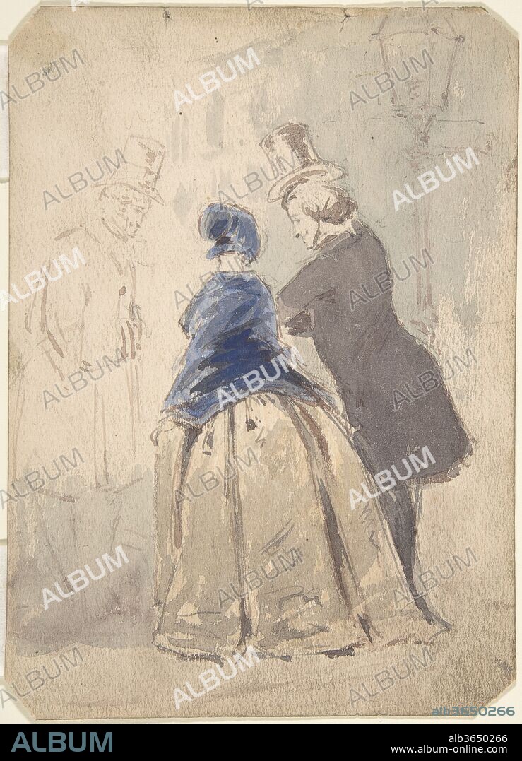 Street Scene from Vanity Fair, with Amelia, George Osborne and Dobbin (recto); Sketch of Young Woman (verso). Artist: (?) Jerry Barret (British, 1824-1906). Author: Related author William Makepeace Thackeray (British, Calcutta 1811-1863 London). Dimensions: sheet: 7 x 5 in. (17.8 x 12.7 cm). Date: 1800-1819.