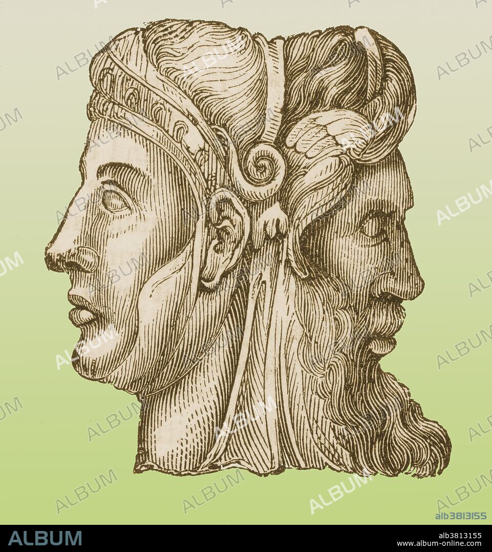 Janus, the ancient Roman god of beginnings and transitions (gates, doors, doorways, endings and time). He is usually shown as having two heads facing in opposite directions.