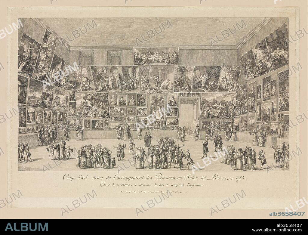 View of the Salon of 1785. Artist: Pietro Antonio Martini (Italian, Trescali 1738-1797 Parma). Dimensions: Image: 10 7/8 x 19 1/8 in. (27.6 x 48.6 cm)
Sheet: 14 1/4 x 20 3/4 in. (36.2 x 52.7 cm). Date: 1785.
Prioritizing accuracy in this panoramic view, Martini carefully reproduces the paintings at the Salon of 1785, and includes many of the numbers assigned to the works and printed in the Salon's livret (booklet). Jacques-Louis David's The Oath of the Horatii, which was first exhibited in 1785 and is now in the Musée du Louvre, is depicted at the center of the back wall. Along the right-hand wall is Adélaïde Labille-Guiard's Self-Portrait with Two Pupils, which is in the Metropolitan Museum's Department of European Paintings.  A drawn self-portrait by the same artist is exhibited on the other side of this room.