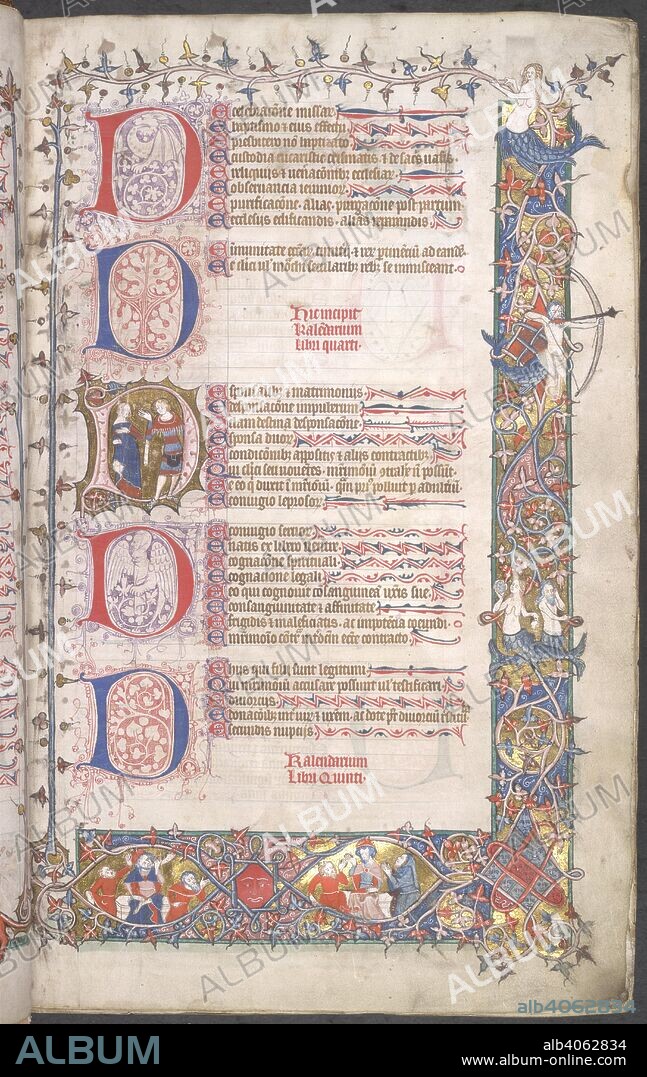Table of contents. Smithfield Decretals [Decretals of Gregory IX]. England [London?]; circa 1340. [Whole folio] Table of contents. Five decorated initials 'D'. Decorated borders, including mermaids and mermen, one with a bow and arrow.  Image taken from Smithfield Decretals [Decretals of Gregory IX].  Originally published/produced in England [London?]; circa 1340 . Source: Royal 10 E. IV, f.3. Language: Latin.