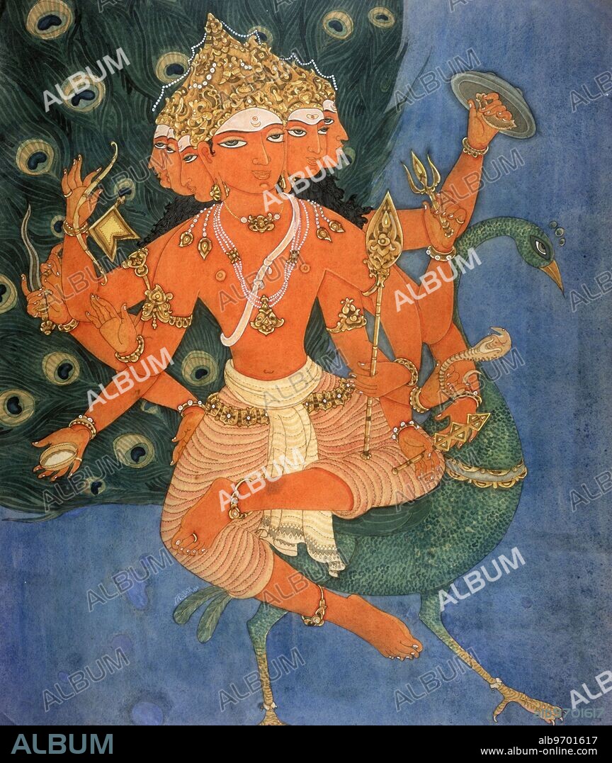 HAP-136778 : Hinduism - hindu art - himalayan academy art - religion - spirituality - artist S. Rajam - murugan - skanda - kartikkeya - vel - mayil - peacock - yogi - yoga - kundalini - pleiades - shanmugam - arumugam -.