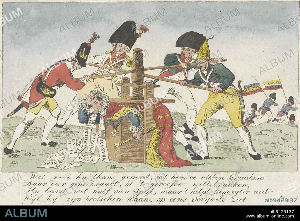 Napoleon in the Press, 1813, anonymous, 1813, Cartoon on the fall of Napoleon in 1813 and the loss of conquered lands, 1813. The emperor in emperor's robe lies in a large printing press being turned on by an Austrian, Englishman, Prussian and a Russian. Napoleon spits out bills with the names of countries annexed by the French, including Holland and Brabant. In the background, French douans flee. With four-line verse., print maker: anonymous, Netherlands, 1813, paper, etching, h 170 mm × w 251 mm.
