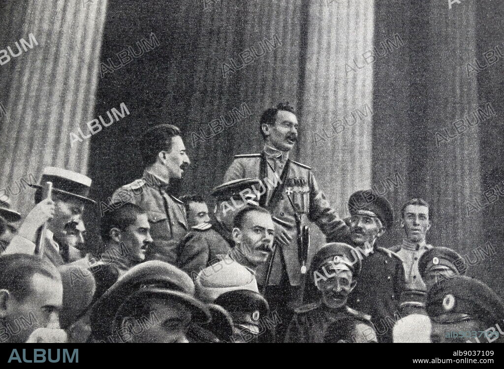 The chairman of the Union of St. George Knights agitates for the war until the victorious end. Russia 1917.
