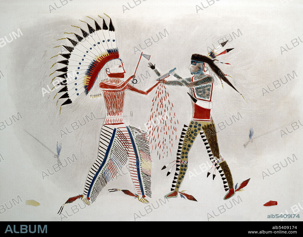 Bodmer facsimile of ledger art showing Four Bears (at left) in a duel with a Cheyenne chief. The hand wound of the knife entitled him to pose with a wooden knife, as seen on the pictures of Catlin and Bodmer. The realistic work of both artists inspired Four Bears to make this true-to-life drawing of his feat. Voyage dans l'interieur de l'Amerique du Nord, execute pendant les annees 1832-34. Karl Bodmer (February 11, 1809, October 30, 1893) was a Swiss printmaker, lithographer, painter, illustrator and hunter. He accompanied the German explorer Prince Maximilian zu Wied-Neuwied on his Missouri River expedition. Bodmer was hired as an artist to record images of cities, rivers, towns and peoples they saw along the way, including the many tribes of Native Americans along the Missouri River and in that region.