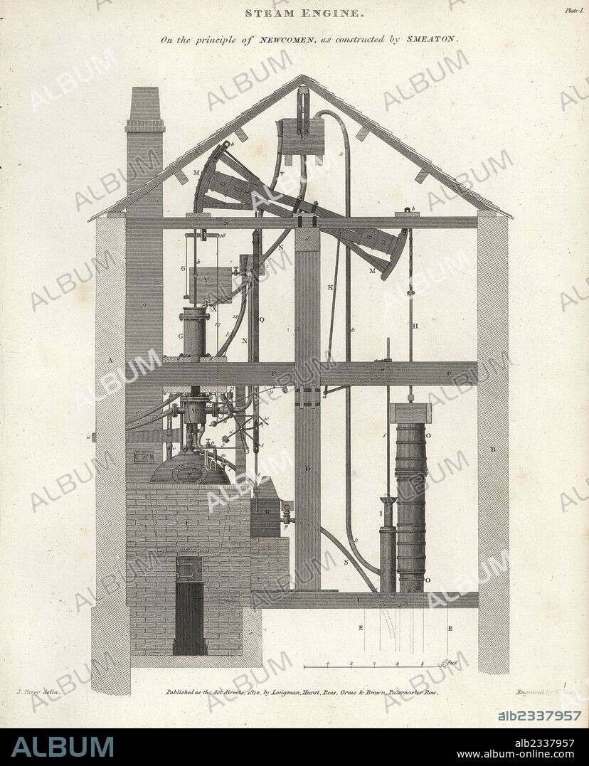 Steam engine, on the principle of Thomas Newcomen, as constructed by John Smeaton, 19th century. Copperplate engraving by Wilson Lowry after an Illustration by J. Farey from Abraham Rees' "Cyclopedia or Universal Dictionary," London, 1812.