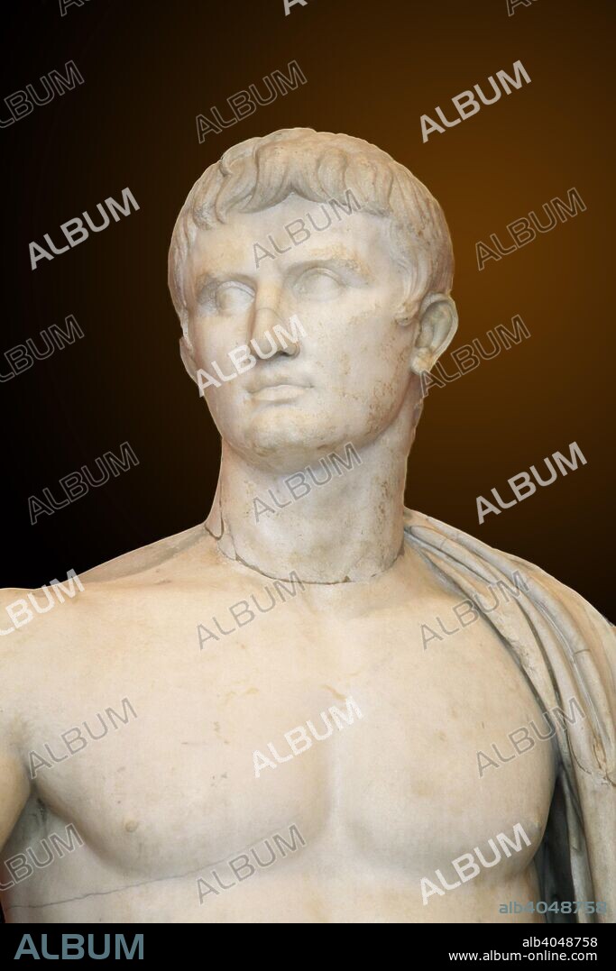Statue of Augustus as Jupiter, first half of 1st century BC. Detail. Gaius Julius Caesar Octavianus (63 BC-14 AD) became one of a triumvirate of rulers after the death in 44 BC of Julius Caesar, his great-uncle, whose dictatorship had brought an end to the Roman republic. He became sole ruler in 31 BC after defeating Mark Anthony at the Battle of Actium, and in 27 BC proclaimed himself Emperor, adopting the title Caesar Augustus. Octavian's rule, which lasted until 14 AD, ended a century of civil strife and was a period of peace and prosperity in which Rome attained the height of its imperial power. Found in the collection of The Hermitage, St Petersburg.