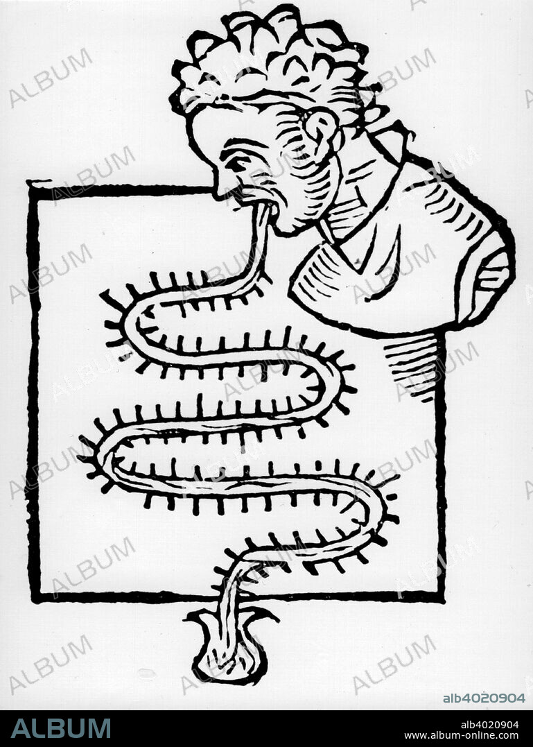 Sanctorius' clinical 'thermometer', 1612. Santorio Santorio (1561-1636). Italian physician known as Sanctorius invented his air thermoscope or clinical 'thermometer' in 1612. One end, which was globe-shaped, was placed in the patient's mouth and the other in a bowl of water. The serpentine thermometer was graduated with glass beads.