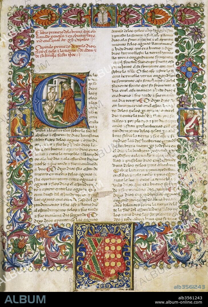Biblia Romanceada. Data del siglo XV. Página miniada perteneciente al primer capítulo del Libro Primero (Génesis). Adán y Eva orando ante Dios. Biblioteca del Monasterio de El Escorial. Comunidad de Madrid. España.
