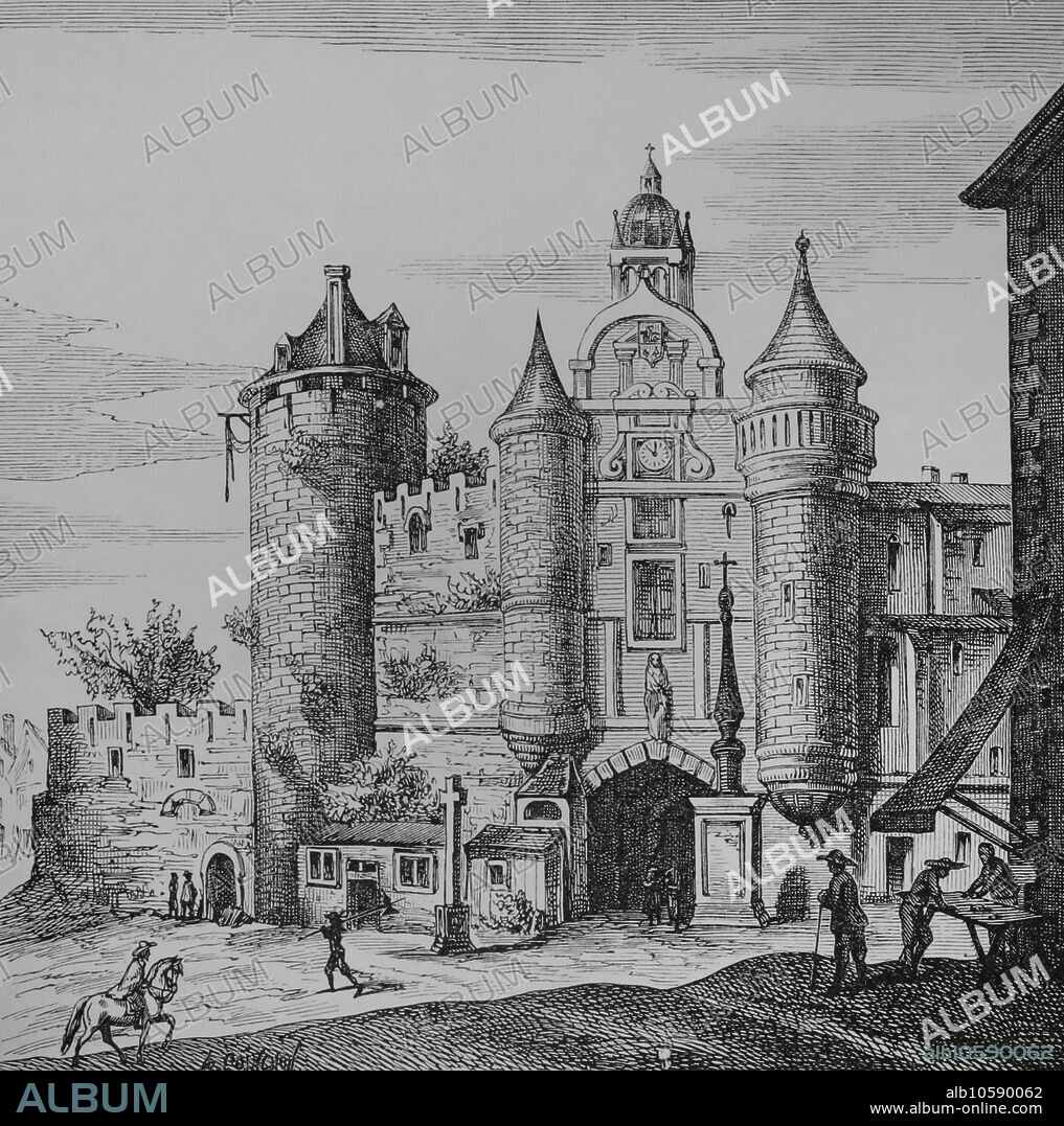 Francia. París. El Gran Châtelet (Grând Chatelet). Fortaleza construida por el rey Luis VI (1081-1137) en la orilla derecha del río Sena. Fue reconstruido en piedra tras las incursiones normandas. Tras descartarse su uso como fortaleza se convirtió en sede del prebostazgo de París, albergando cárceles y salas de tortura. Fue demolido en 1808 por orden de Napoleón. Fachada principal. Facsímil de un grabado de Matthäus Merian en "Topographia Galliae", obra escrita por Martin Zeiler. Publicada en Frankfurt en 1655. "Moeurs, usages et costumes au moyen-âge et à l'époque de la Renaissance", por Paul Lacroix. París, 1878.