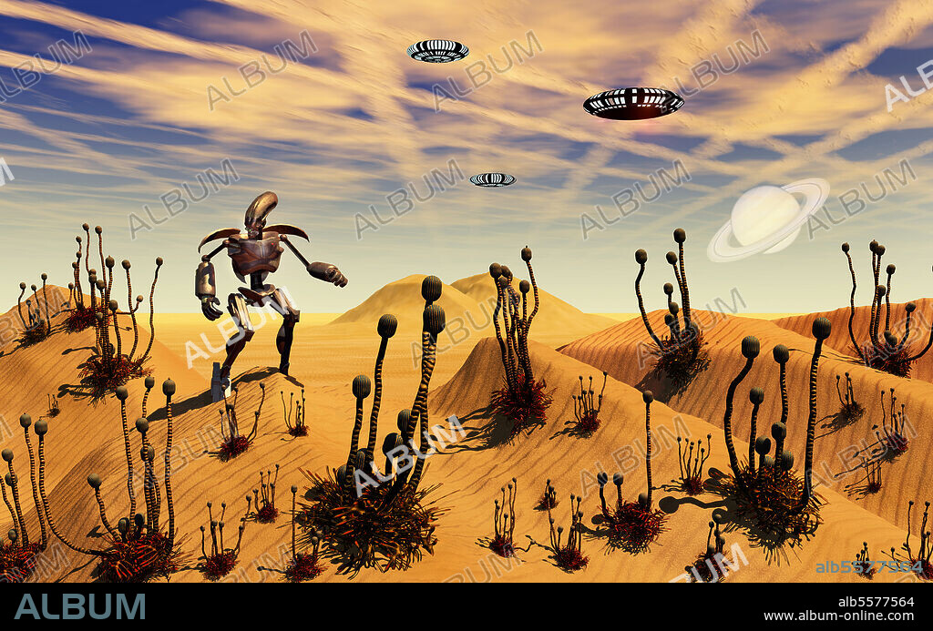 A robot tending to a desert garden located on a moon that is orbiting a ringed planet.