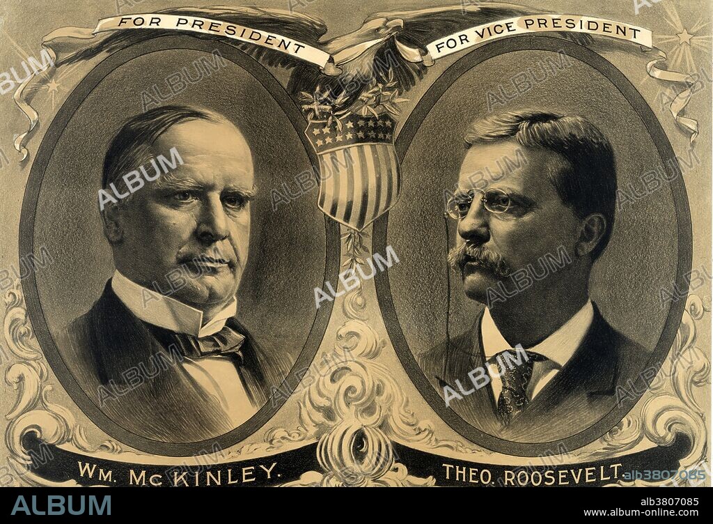 McKinley and Roosevelt Campaign Poster, 1900. William McKinley (January 29, 1843 - September 14, 1901) was the 25th President of the USa (1897-1901). He secured the Republican nomination for president in 1896 and defeated William Jennings Bryan. Rapid economic growth marked McKinley's presidency. He promoted the 1897 Dingley Tariff to protect manufacturers and factory workers from foreign competition, and in 1900, he secured the passage of the Gold Standard Act. He led the nation in the Spanish-American War of 1898. He defeated Bryan again in the 1900 presidential election, in a campaign focused on imperialism, prosperity, and free silver. He was assassinated by an anarchist in September 1901, and died at the age of 58. Theodore Roosevelt (October 27, 1858 - January 6, 1919) was the 26th President of the USA from 1901-09. He is noted for his exuberant personality, range of interests and achievements, and his leadership of the Progressive Movement, as well as his "cowboy" persona and robust masculinity. He was 42 years old when sworn in as President, making him the youngest president ever. He was also the first of only three sitting presidents to have won the Nobel Peace Prize. He died in 1919, at the age of 60, unexpectedly in his sleep from a blood clot.