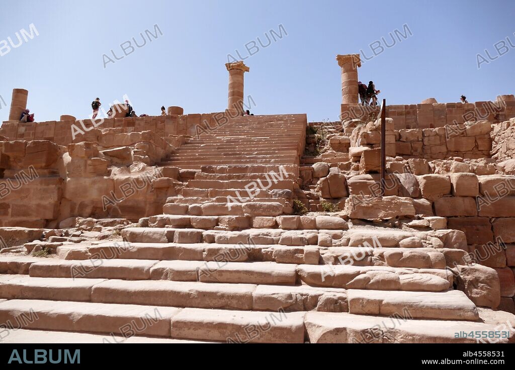 The Great Temple at Petra, Jordan, is a grand monumental complex that lies south of the Colonnaded Street at Petra. The complex was probably completed in the early first century CE, under the rule of Nabatean king Aretas IV, as suggested by architectural and sculptural details..