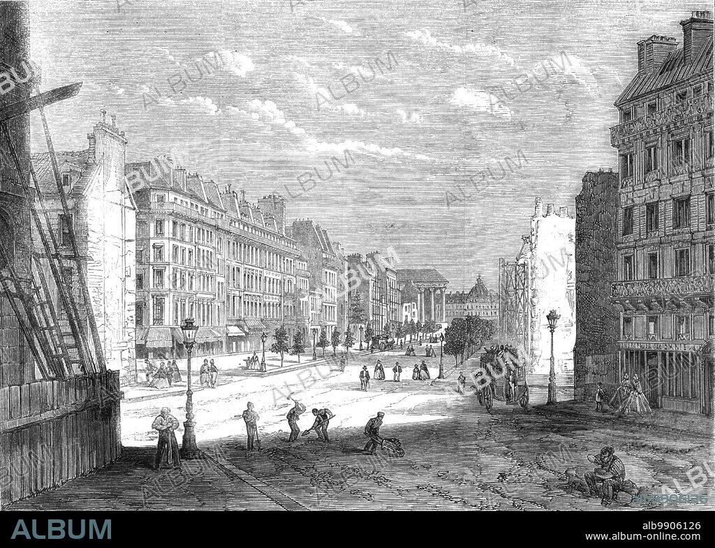 New Boulevard Malesherbes, looking towards the Madeleine, [Paris], 1861. '...the construction of the Boulevard Malesherbes has led to the disappearance of La Petite Pologne, a small district possessing an unenviable notoriety for the bad reputation of its inhabitants, who were an eyesore to the "West-end" of the French capital...Henceforth Paris will be purged of these infectious neighbourhoods...Our View of the new Boulevard is taken from the point where it forms an angle with the Madeleine...at one extremity and the Arc de Triomphe at the other. The angle itself is to be occupied by a new church, the Eglise de St. Augustin...The scaffolding in our foreground indicates the site of this new church, now in course of construction. One remarkable circumstance relating to this new boulevard (nearly a mile in length, and thirty-seven yards wide) is the rapidity with which it has been completed since the plan of its execution was definitively decided upon. In less than six months eighty-four houses have been demolished, many new ones erected, and a little-frequented neighbourhood converted into an animated and elegant quarter, worthy of the splendid monuments that adorn it'. From "Illustrated London News", 1861.