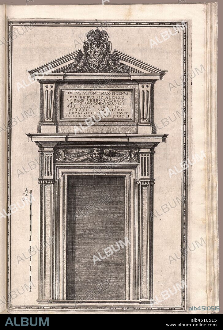 The main door made in the factory of the Ospitale de 'mendicanti in Ponte Sisto, Gate of the Ospedale dei Mendicanti in Rome, 81, fol. 83v, Fontana, Domenico (fec.); Bonifacio, Natale (inc.), 1590, Domenico Fontana: Della trasportatione dell'obelisco vaticano et delle fabriche di nostro signore papa Sisto V. Roma: appresso Domenico Basa, 1590.