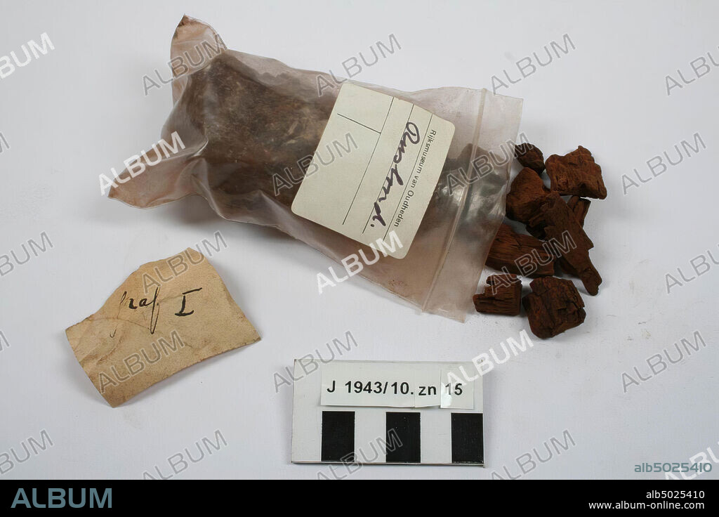 20 wood fragments with letter with text: Grave 1., fragments of wood, note, organic, wood, paper, 5.5 x 4.5 cm (largest fragment), prehistory, Ukraine.
