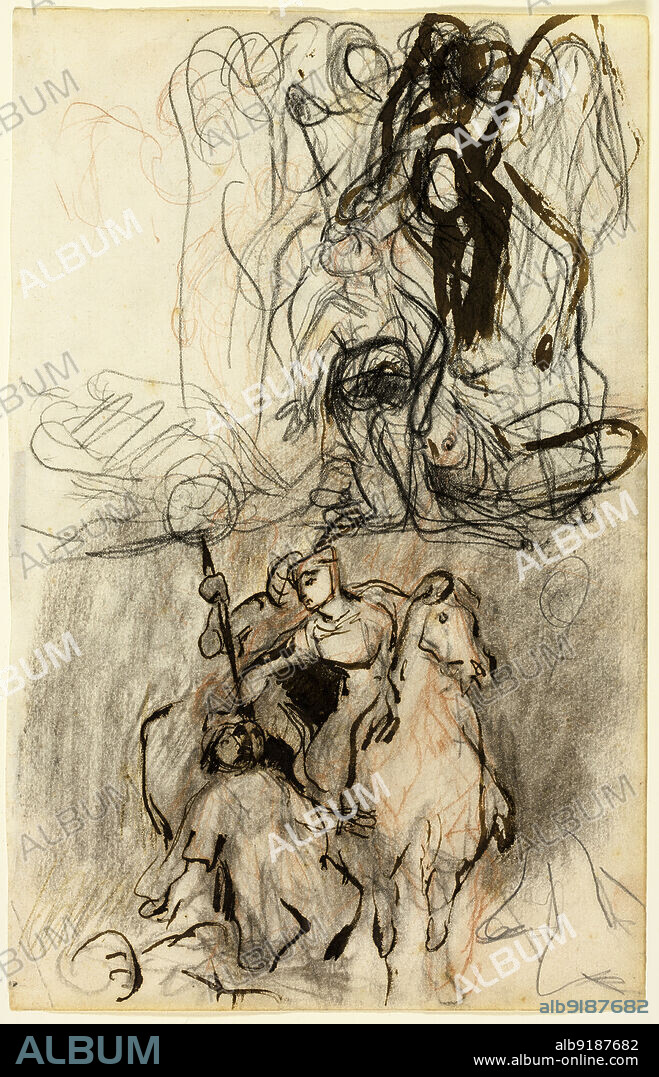 EUGENE DELACROIX. Two Sketches; Armed Riders and Figure on the Ground, n.d. Attributed to Eugène Delacroix.