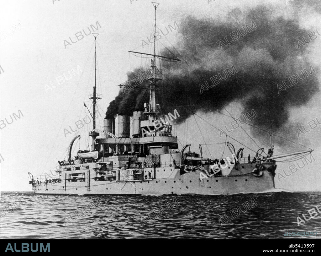 The Russian battleship Potemkin was a pre-dreadnought battleship built for the Imperial Russian Navy's Black Sea Fleet. She became famous when the crew rebelled against the officers in June 1905, which is now viewed as a first step towards the Russian Revolution of 1917. When the Russians recovered the ship, her name was changed to Panteleimon. During WWI Panteleimon was captured in 1918 and handed over to the Allies after the Armistice. Her engines were destroyed by the British in 1919 when they withdrew from Sevastopol and was finally scrapped by the Soviets in 1923. No photographer credited, 1913 (cropped and cleaned).