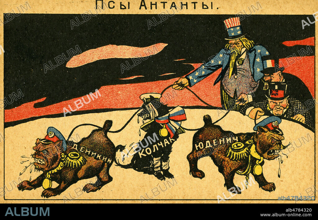 'Entente'. Les pays occidentaux encouragent les generaux de l'armee des russes blancs qui tentent de contrer la révolution bolchevique : Caricature de la France, l'Amerique et l'Angleterre tenant en laisse trois chiens representant Anton Ivanovitch DENIKINE (1872-1947) ancien general de l'armee imperiale, chef des russes blancs , A. V. KOLTCHAK (1874-1920) et Nicolai IOUDENITCH (1862-1933) Generaux aussi idem. Illustration pour une carte postale russe de 1919, Illustrateur Viktor DENI (1893-1946). Credit : IM/KHARBINE-TAPABOR.