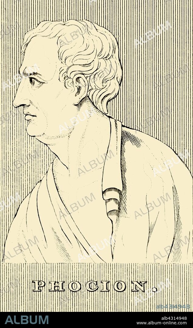 'Phocion', (c402-c318 BC), 1830. Phocion (c402-c318 BC) Athenian statesman and strategos, known to be honest and subject of one of Plutarch's Parallel Lives. From "Biographical Illustrations", by Alfred Howard. [Thomas Tegg, R. Griffin and Co., J. Cumming, London, Glasgow and Dublin, 1830].