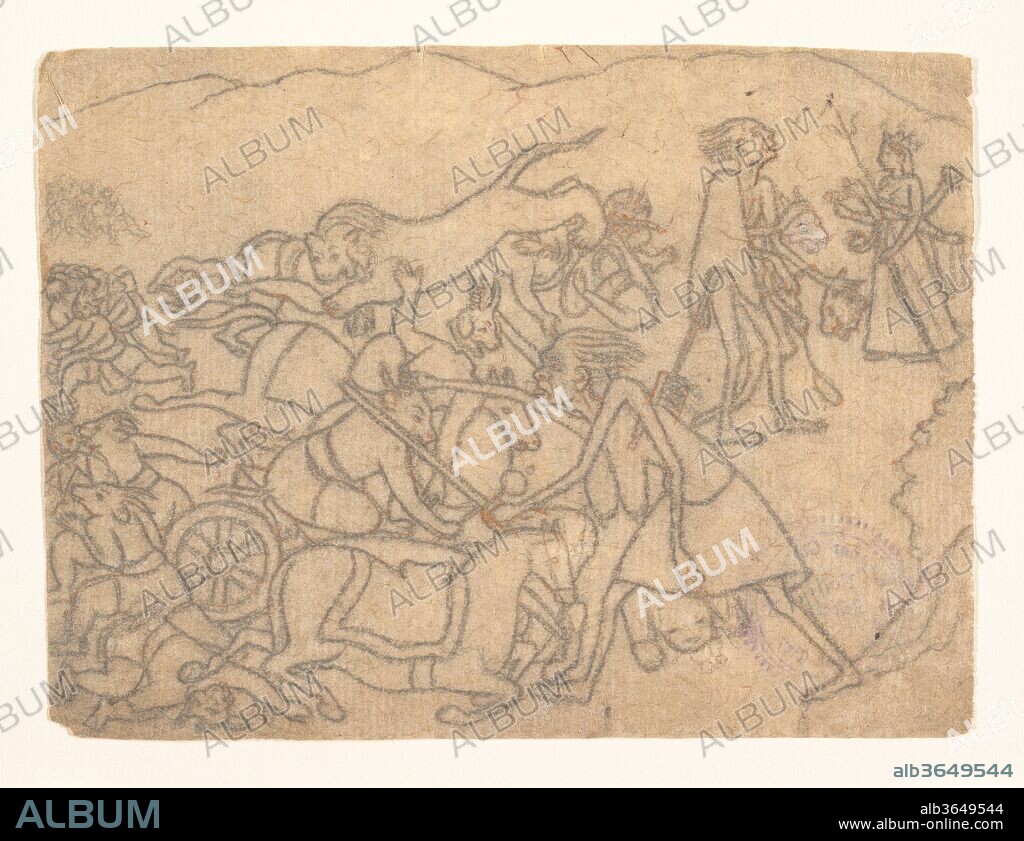 Kali Presenting the Heads of Chanda and Munda to Durga: Scene from the Devi Mahatmya (Glory of the Goddess). Culture: India (Himachal Pradesh, Guler). Dimensions: 5 5/8 x 7 9/16 in. (14.3 x 19.2 cm). Date: ca. 1780.
In order to engage in battle, Durga manifests as the fierce, emaciated goddess Kali. At the center of the frenzied battle, together with her lion vehicle (vahana), Kali beheads the demons Chanda and Munda. In the upper right, both goddesses appear: Kali presents the heads of the demons to Durga, who is shown in a benign form with many arms and holding a trident. In turn, Durga bestows the name Chamunda on her terrible manifestation.