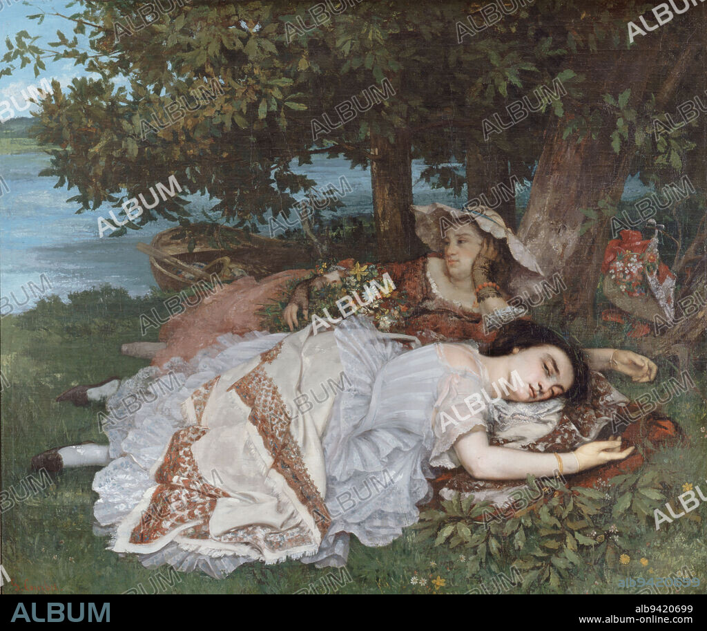The young ladies on the banks of the Seine (summer), Courbet, Gustave, Painter, In 1857, 3rd quarter of the 19th century, Petit Palais Garden level Room 05, Painting, Oil painting, Dimensions - Work: Height: 174 cm, Width: 206 cm, Dimensions - Frame: Height: 205.5 cm, Width: 239 cm, Thickness: 13 cm.