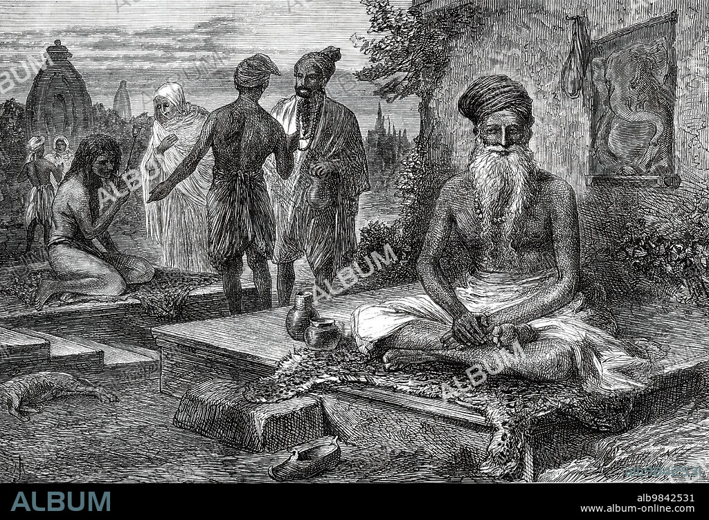 Joghi Wallahs at Benares, from a sketch by one of our special artists, 1876. Indian ascetics: '...an exhibition of "joghi wallahs." These are a class of Hindoo religious mendicants, who appeal to the superstitious reverence and sympathy of the people by stationing themselves in an immoveable attitude, or by repeatedly performing some painful gesture, sometimes holding a cumbrous weight in the most tedious and inconvenient manner. They are of both sexes, and display a vast deal of misdirected ingenuity, as well as fortitude, in the variety of their feats of endurance, which are rewarded with abundant gifts of money, food, and other worldly store'. From "Illustrated London News", 1876.