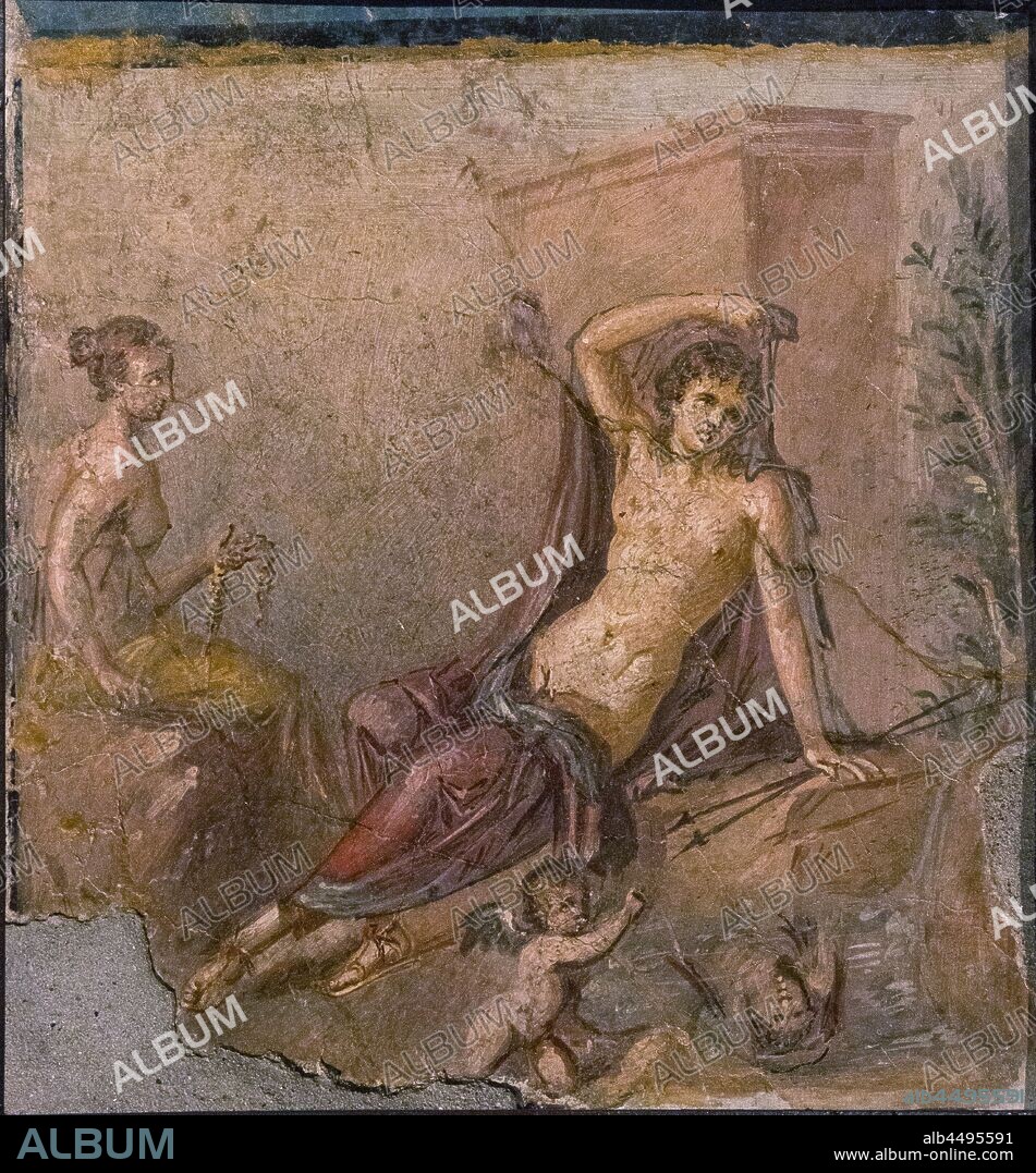 ROMAN-POMPEIAN WALL PAINTING. Narcissus, Echo and Eros.