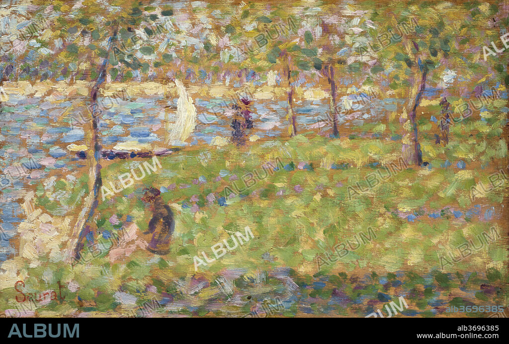 GEORGES SEURAT. Study for "La Grande Jatte". Dated: 1884/1885. Dimensions: overall: 15.9 x 25 cm (6 1/4 x 9 13/16 in.)  framed: 33.3 x 41.9 x 5.7 cm (13 1/8 x 16 1/2 x 2 1/4 in.). Medium: oil on wood.