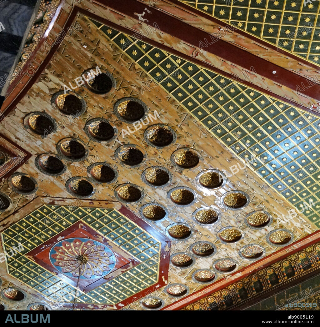 Interior decoration of the Dome of the Rock shrine located on the Temple Mount in the Old City of Jerusalem. It was initially completed in 691 CE at the order of Umayyad Caliph Abd al-Malik during the Second Fitna. The Dome of the Rock is now one of the oldest works of Islamic architecture.