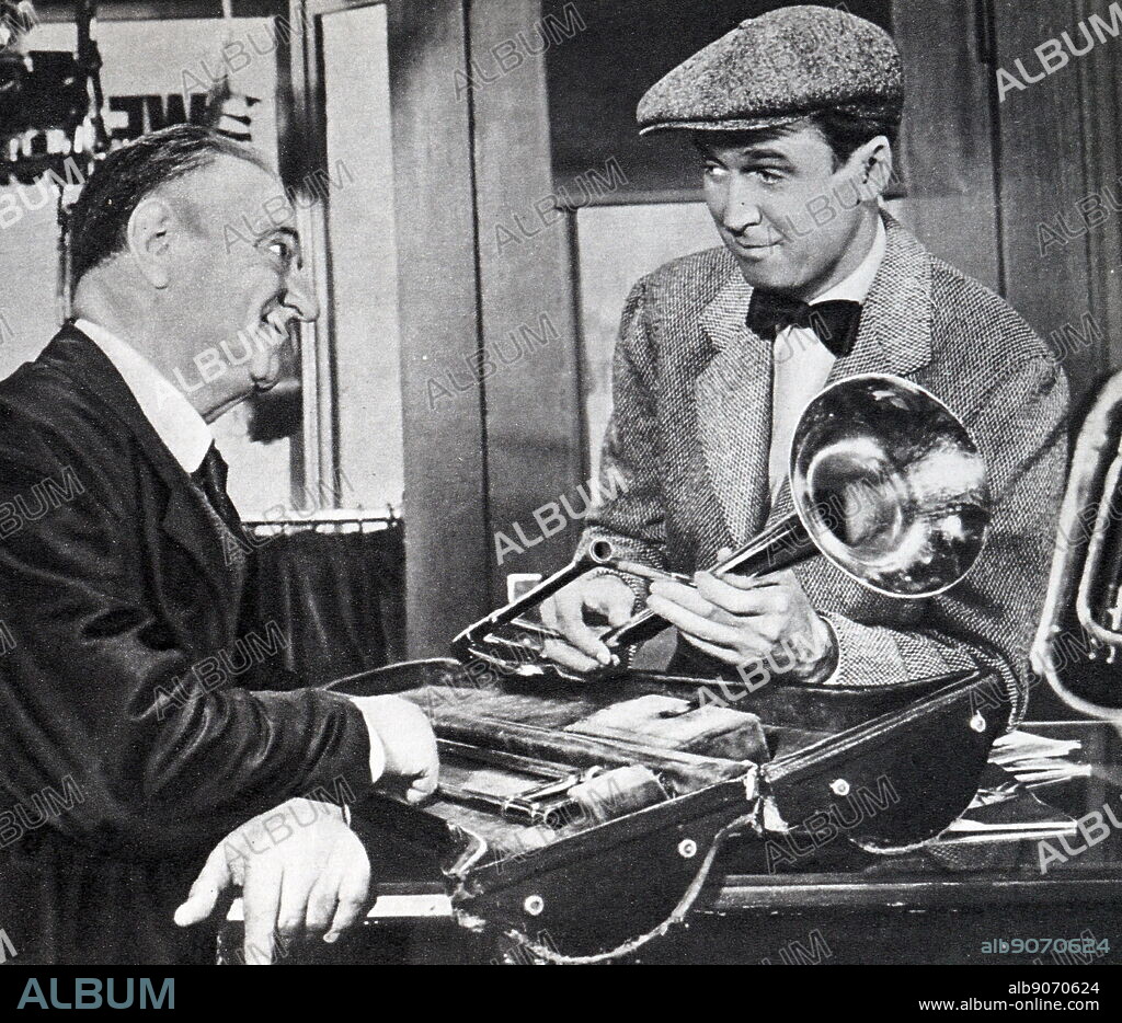 Film still from 'The Glenn Miller Story' starring James Stewart, June Allyson, Louis Armstrong, and Harry Morgan.