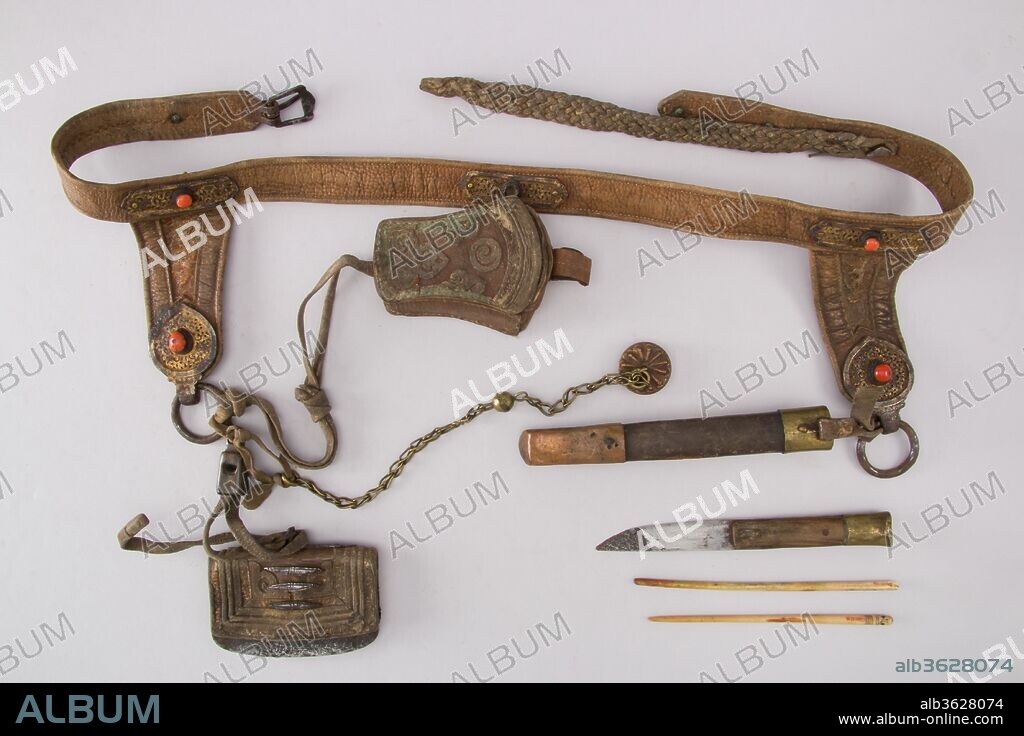 Knife with Sheath, Belt and Chopsticks. Culture: Tibetan. Dimensions: Knife (a); L. with sheath 10 3/8 in. (26.4 cm); L. without sheath 7 7/16 in. (18.9 cm); W. 7/8 in. (2.2 cm); Wt. 2.6 oz. (73.7 g); sheath (b) with belt; Wt. 1 lb. 6.4 oz. (635 g); chopsticks (c, d); L. 6 1/8 in. (15.6 cm); W. 1/4 in. (0.6 cm); Wt. 0.3 oz. (8.5 g). Date: 18th-19th century.
