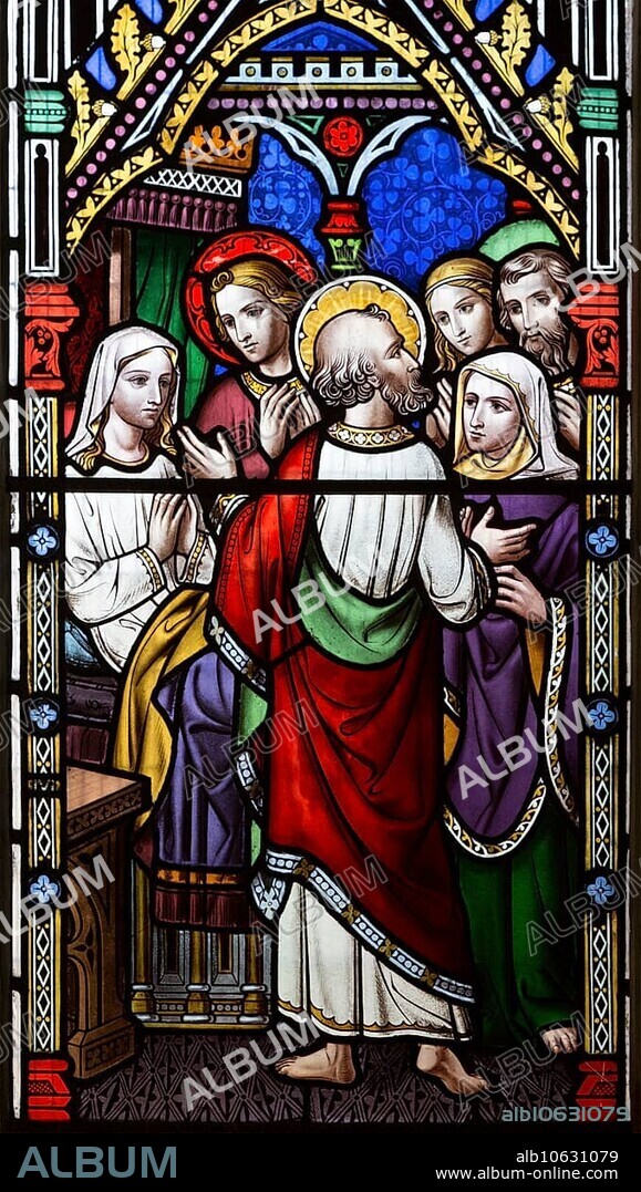 Victorian stained glass window depicting the Raising of Dorcas circa 1858 by William Wailes (1808-1881), Urchfont church, Wiltshire, England, United Kingdom