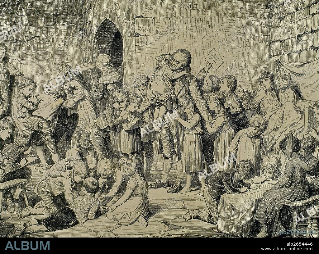 PESTALOZZI, Johann Heinrich (Zurich,1746-Brugg, 1827). Pedagogo suizo. En 1755 abrió en Neuho una escuela para niños pobres, experiencia que duró cinco años. Inició a continuación su etapa de escritor, con la novela "Lienhardt und Getrud" (1781), que es la primera novela pedagógica de carácter popular. "PESTALOZZI ENTRE LOS HUERFANOS DE NIDWALDEN". "Germania", 1882. Grabado por Closs.
