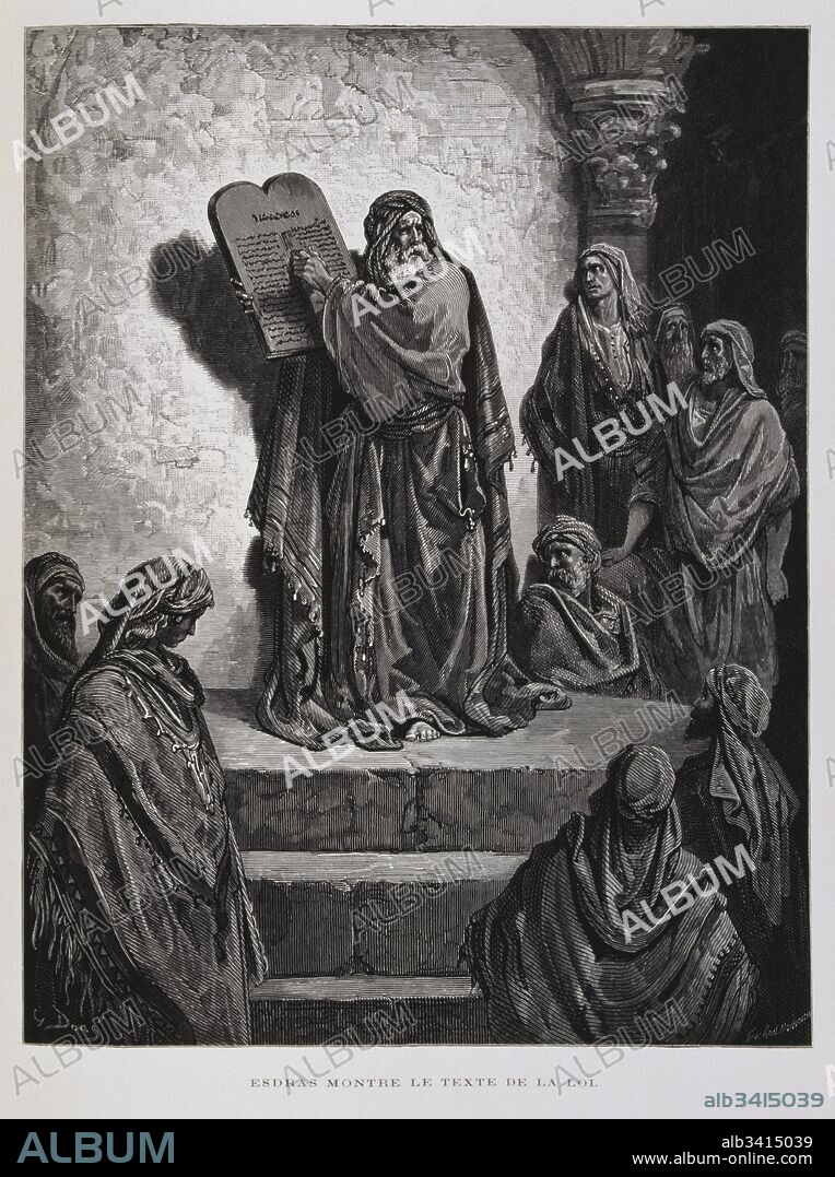 Ezra shows the ten commandments on tablets, Illustration from the Dore Bible 1866. In 1866, the French artist and illustrator Gustave Doré (1832–1883), published a series of 241 wood engravings for a new deluxe edition of the 1843 French translation of the Vulgate Bible, popularly known as the Bible de Tours. This new edition was known as La Grande Bible de Tours and its illustrations were immensely successful. Ezra (fl. 480–440 BCE), was a Jewish scribe and a priest. He returned from Babylonian exile and reintroduced the Torah in Jerusalem.
