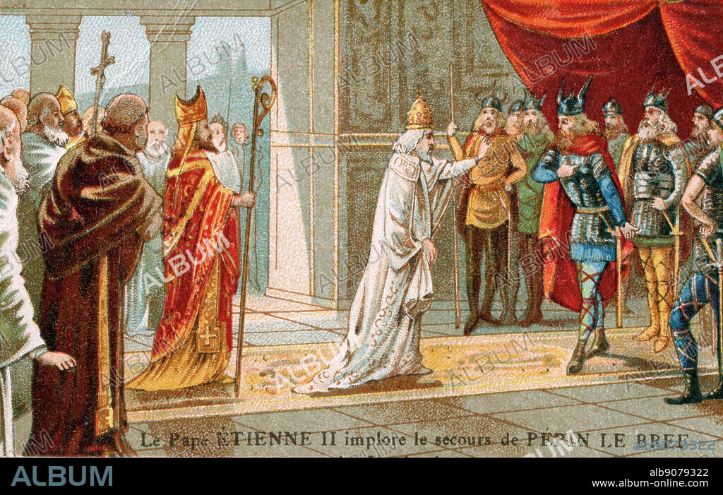 History. France. The pope Stephen II and the king Pepin the Short. Imagery, France, ca 1900.
