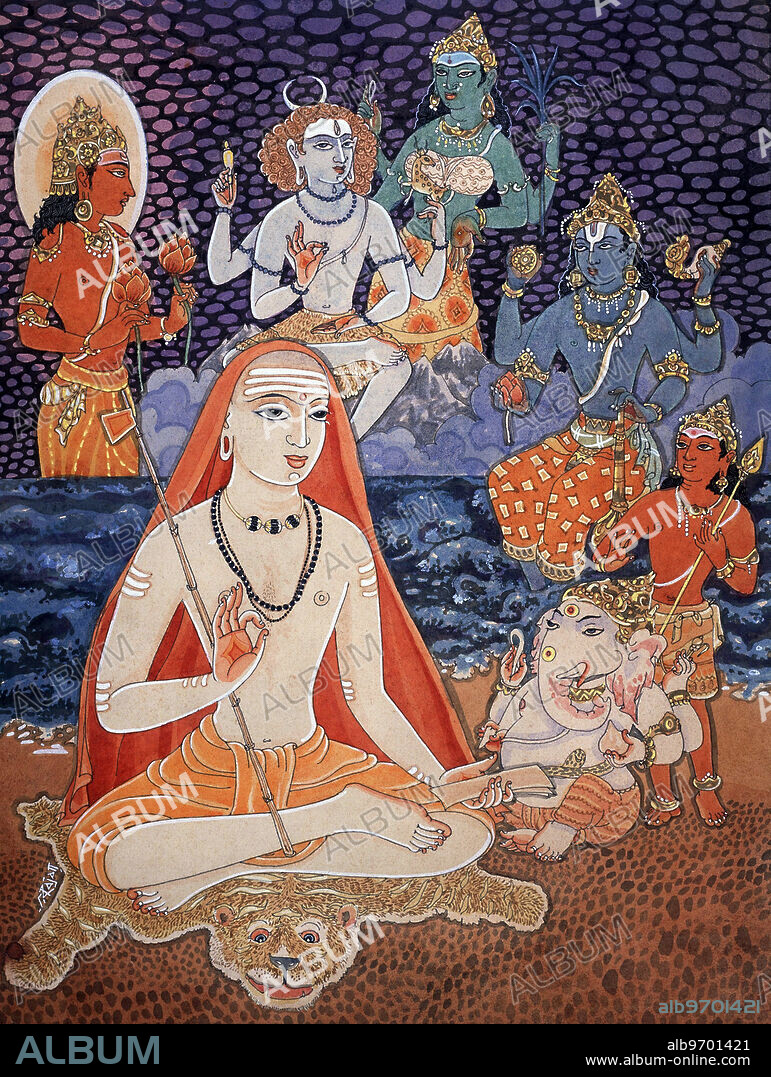 Hindu art - Himalayan Academy art - Spirituality - Artist S. Rajam - sannyasin - monk - sadhu - saint - ascetic - rishi - renunciate - swami - Adi Shankara - Smarta - Six deities - God - Brahman - Ganesha - Vishnu - Kumara - Skanda - Murugan - Shakti - Shiva - Dakshinamurti - Surya - tiger skin - mudra - scripture - Siva - Supreme God - Ganesh - Lord of Obstacles - Devi - Goddess - Parvati - Indian art - Hindu - art - religion - Hindu religion - Hindu belief - -.