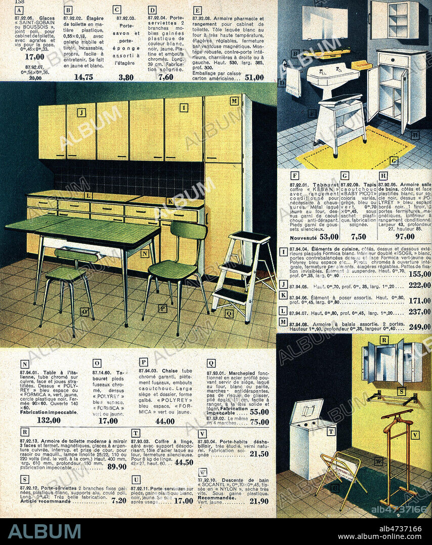 CUISINE en FORMICA, et salle de bain, mobilier. LA FEMME CHEZ ELLE, le magazine du magasin au Bon Marche, CATALOGUE DE VENTE, ETE 1963. annees 60. 1960 1965. Credit Collection privee/KHARBINE TAPABOR.