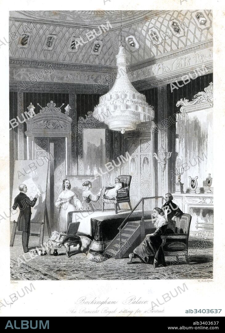 The Princess Royal, Victoria Adelaide Mary Louisa, sitting for a portrait in Buckingham Palace. The painter Winterhalter before the easel, and Queen Victoria and Prince Albert watching. Steel engraving by W. Radclyffe after an illustration by J. Gilbert from London Interiors, Their Costumes and Ceremonies, Joshua Mead, London, 1841.