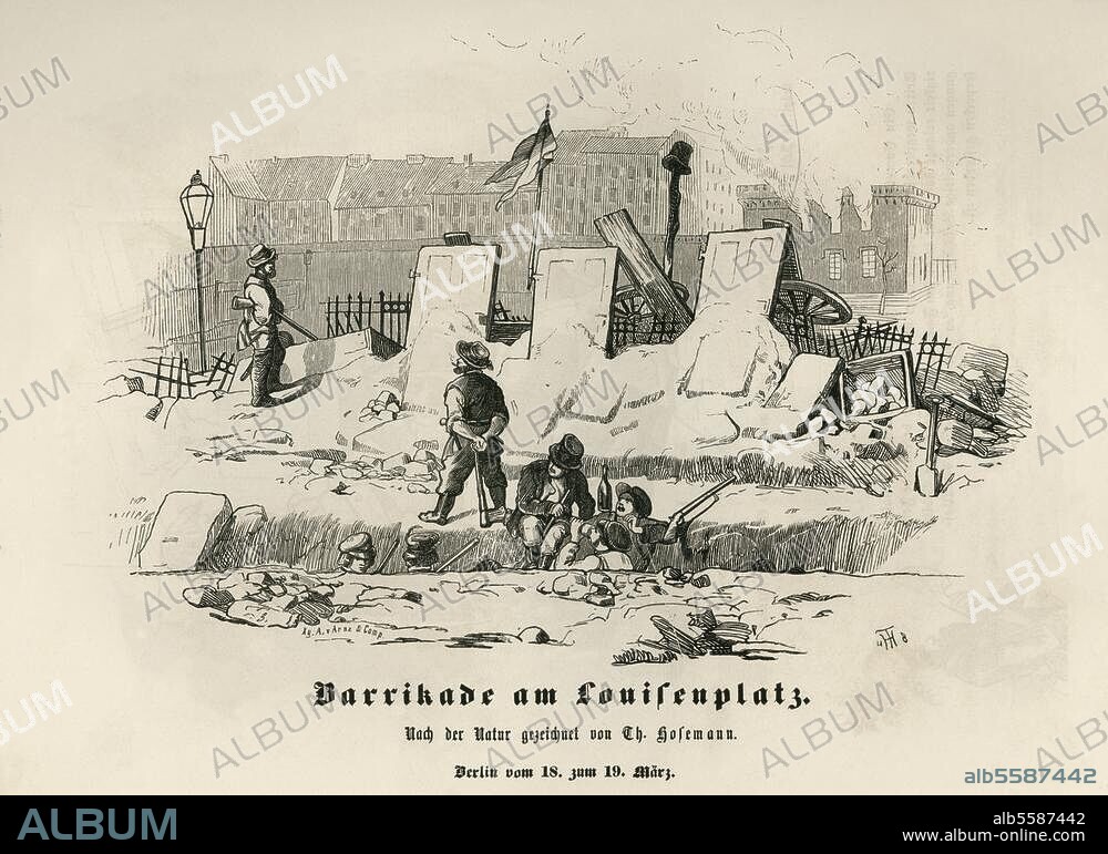 Revolutions of 1848/49 in the German states. Street battles in Berlin in 18th/19th March 1848. "Barricade on Louisen Square, Berlin, 18th-19th March". Woodcut by Theodor Hosemann (1807-1870). From: Düsseldorfer Monathefte,volume one, Düsseldorf (Arnz & Comp.) 1849, p. 300. Berlin, Sammlung Archiv für Kunst und Geschichte.
