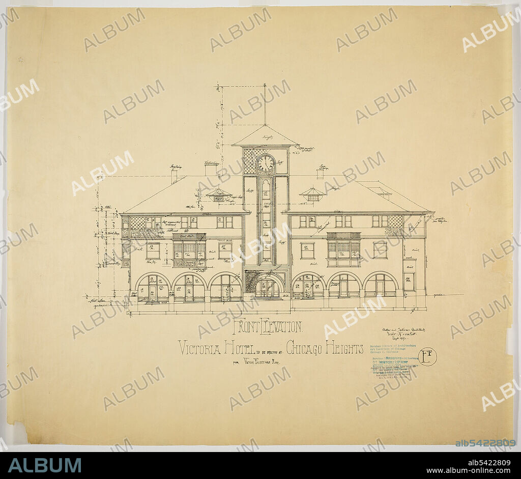 ADLER & SULLIVAN. Victoria Hotel, Chicago Heights, Illinois, Front Elevation, 1892.