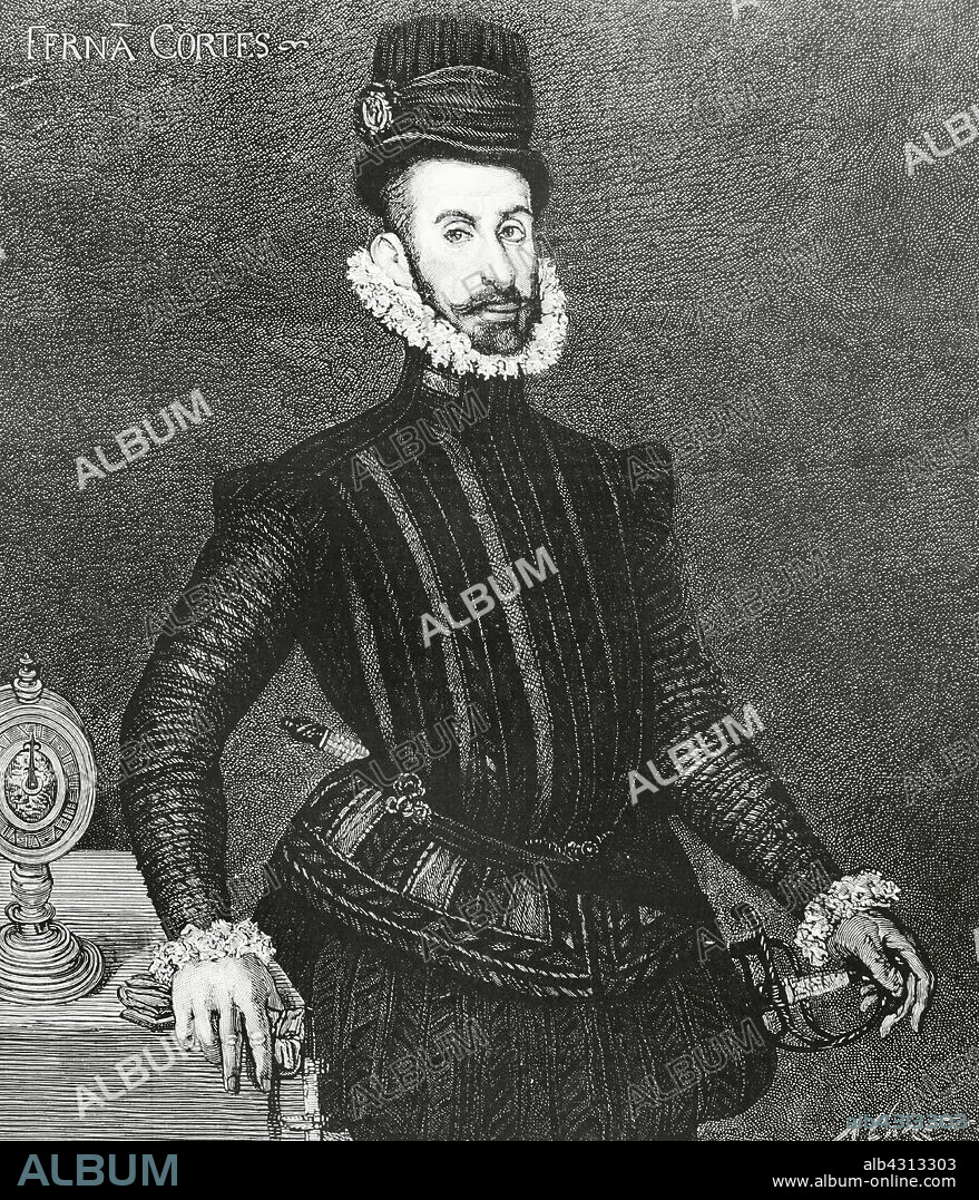 ARTURO CARRETERO (CA. 1852-1903). SPANISH ENGRAVER AND XYLOGRAPH.. Hernán Cortés (1488-1547). Spanish conquistador of the Aztec empire. Portrait. Engraving by Arturo Carretero (1852-1903) after a painting that belonged to the gallery of the Marquis of Salamanca. La Ilustración Española y Americana (The Spanish and American Illustration). Supplement to issue I. January, 1884.