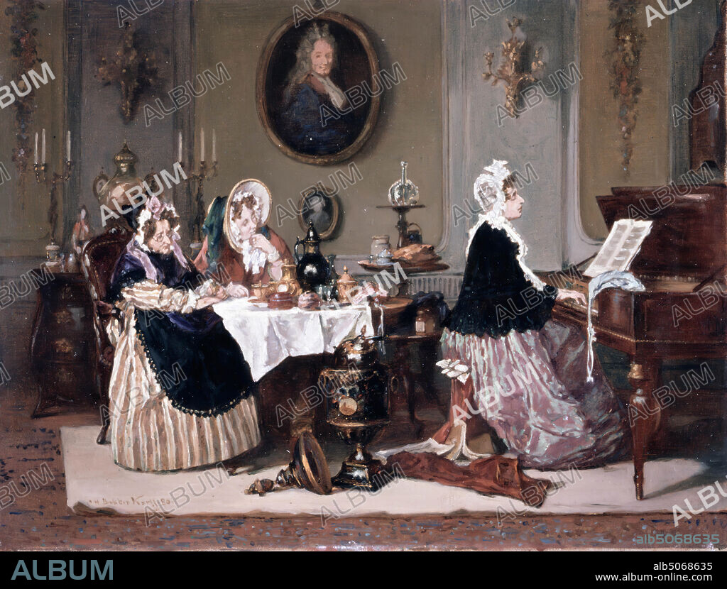 painting, Alexander Hugo Bakker Korff, 1880, Signature front, bottom left, on the cover: A.H. Bakker Korff '80, panel, oil paint, painted, Carrier: 17 × 22cm 170 × 220mm, With frame: 41.5 x 46.5 x 7.5cm 415 x 465 x 75mm, woman, making music, interior, piano, Painting with depiction of three ladies in a room with a white sheet. On the far right, a woman is playing a piano or harpsichord. She looks carefully at the sheet music while she is playing. On the left, two ladies are seated at a table listening to the music. Dishes are on the table. On the wall of the room hangs an oval portrait of a man in the middle. Below this is a smaller portrait. On the left are two candle holders for a sideboard. Signed on the cover. The painting is in a gilded wooden frame. On the back is a written label with Le soussigné déclare que cette esquise est peint par lui. Le tableau La Romance se trouve dans la collection de Mons. le Baron Sr. the Langenau. Leyde le Nov. 30 1880. A.H. Bakker Korff .. The label has a seal in red sealing wax, 1955.