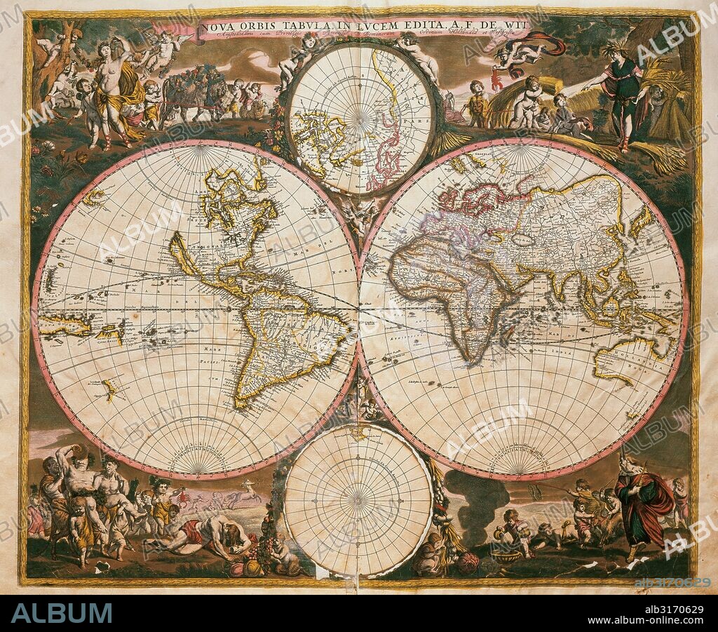 MAPAMUNDI. Atlas del matemático y cartógrafo holandés FREDERICK DE WIT (1630-1706). Impreso en Amsterdam. Siglo XVII.