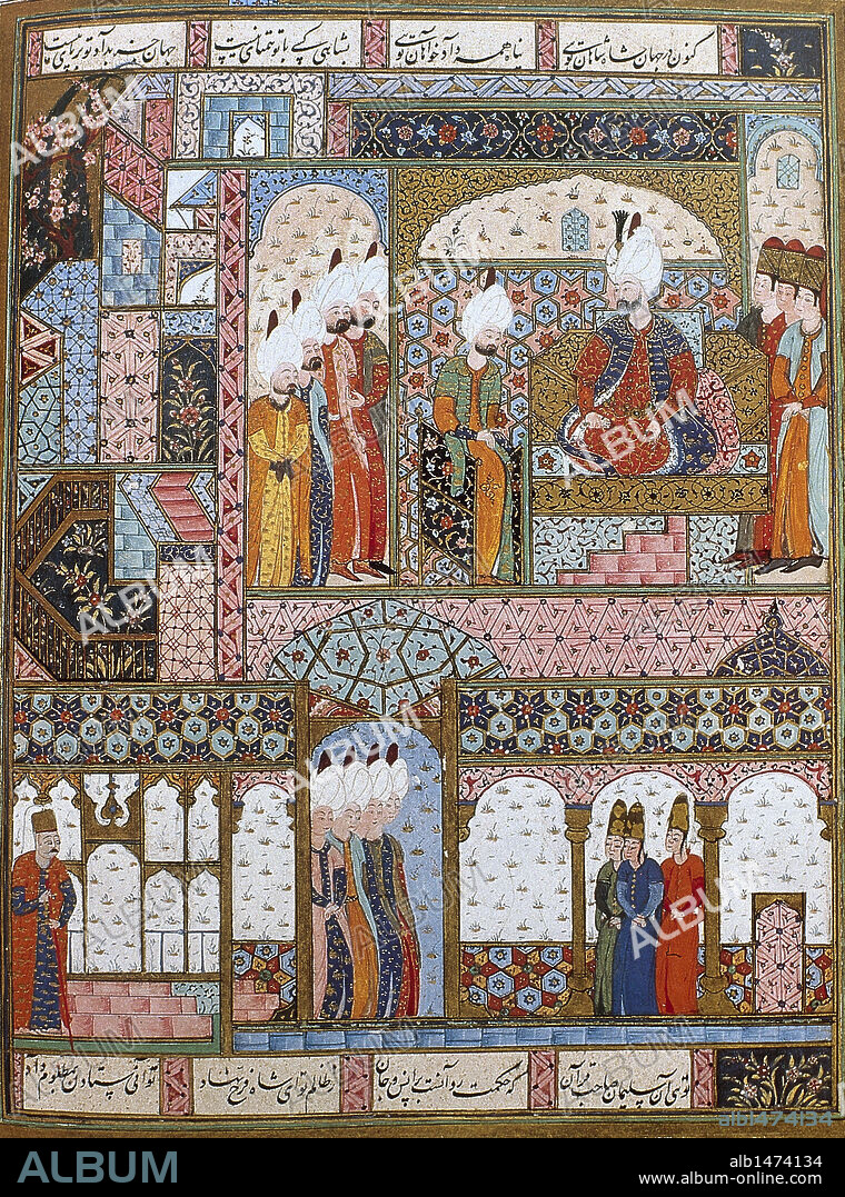 SOLIMAN I el Magnífico o el Legislador (1494-1566). Fue el último de los grandes sultanes otomanos (1520-1566), hijo de Selim I, destacado guerrero y activo legislador. "SOLIMAN LEGISLANDO EN EL PALACIO TOPKAPI". Miniatura del Libro de Solimán (Suleymanname). Siglo XVI. Museo Palacio Topkapi. Estambul. Turquía.