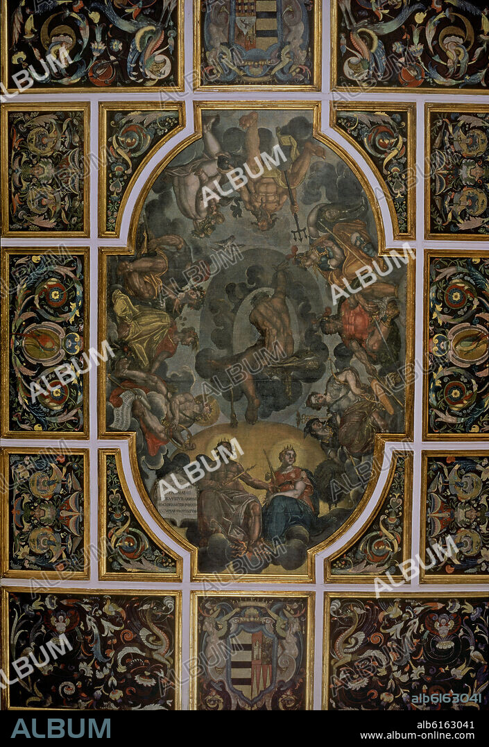 FRANCISCO PACHECO. DETALLE CENTRAL DEL TECHO DE LA GRAN SALA DEL SEGUNDO PISO CON LA "APOTEOSIS DE HERCULES" -  SIGLO XVII.