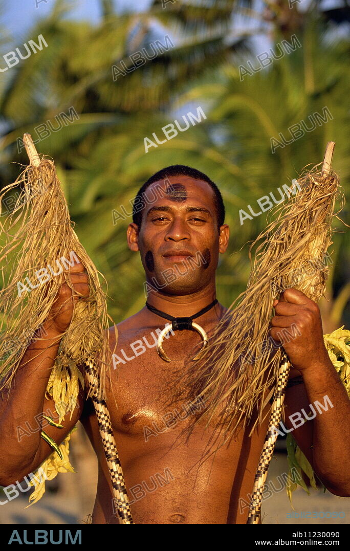 Fijian man in tribal dress, Fiji, Melanesia, South Pacific Ocean, Pacific.