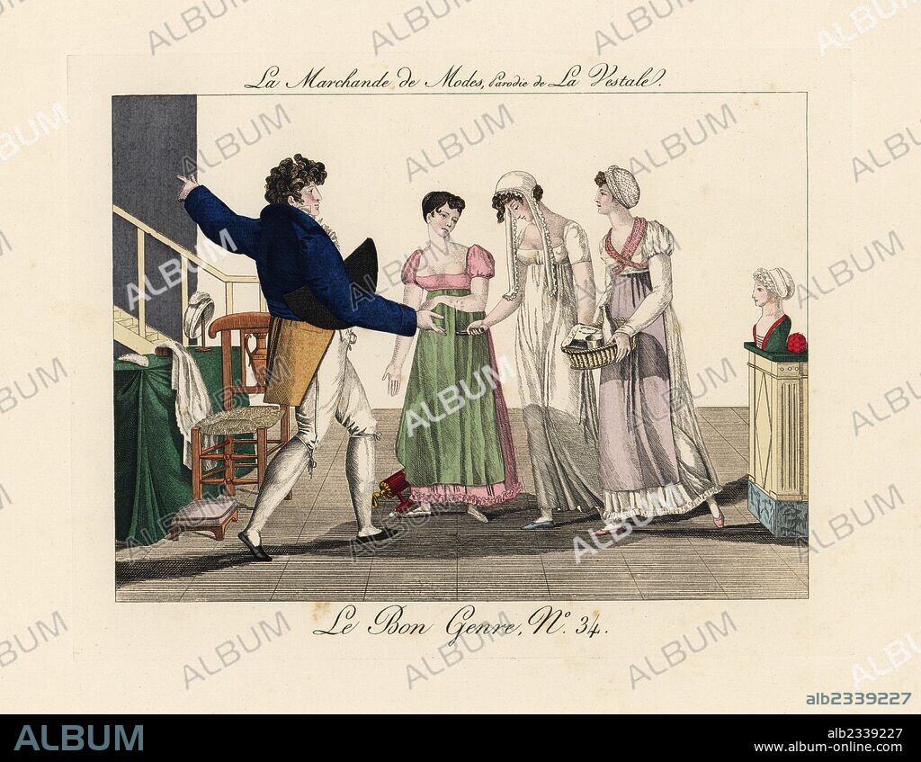 Scene from Etienne Jouy's 1808 play La Marchande des Modes, a parody of La Vestale (his own opera from 1807 with music by Spontini). A despondent Miss Julie, fashion apprentice, is ordered upstairs by Mr de Crepanville while her companions hold a basket of bread and water and sing, "Dip your bread, dip your bread Julie, Dip your bread in the clear water." Handcoloured engraving from Pierre de la Mesangere's Le Bon Genre, Paris, 1817.