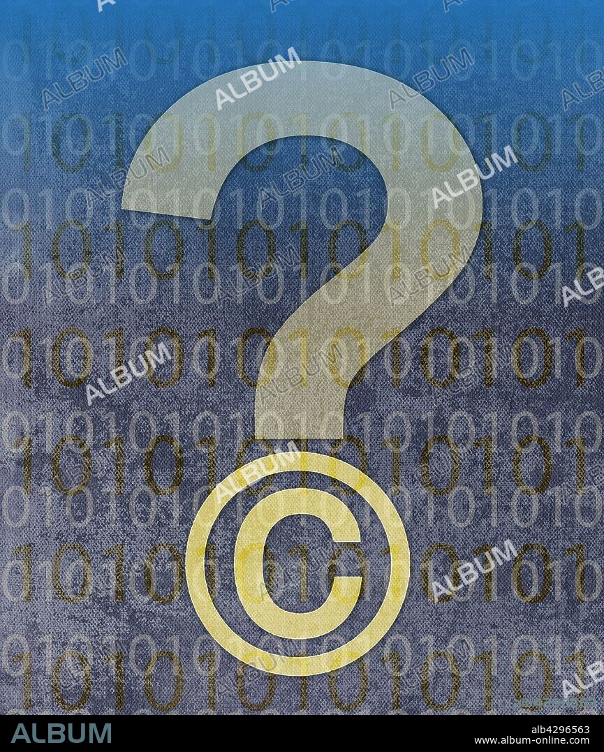 Copyright symbol question mark with digital binary code.