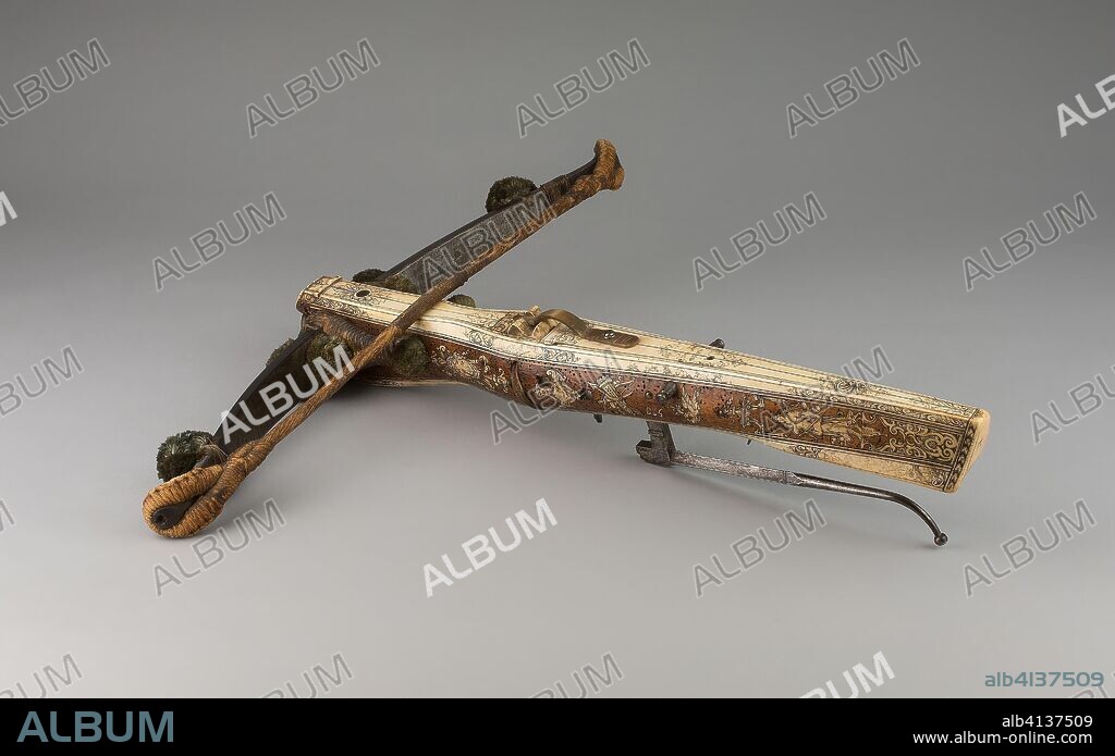 Crossbow. German, Dresden; Master I.G.H. (Johann Gottfried Hänisch the Elder). Date: 1725-1735. Dimensions: 12.7 × 62.2 × 59.7 cm (5 × 24 1/4 × 23 1/2 in.)
Wt. 9 lbs. 4 oz. Steel, walnut, staghorn, bovine horn, bone, silk fiber, and hemp. Origin: Dresden.